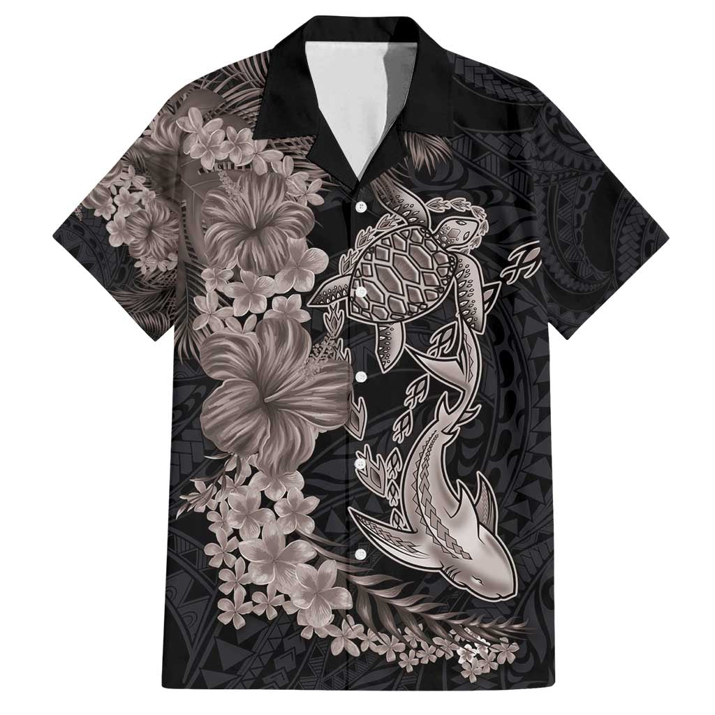 Hawaiian Tropical Plants Turtle and Shark Family Matching Puletasi and Hawaiian Shirt Polynesian Art Tattoo Grayscale Color LT03 Dad's Shirt - Short Sleeve Black - Polynesian Pride