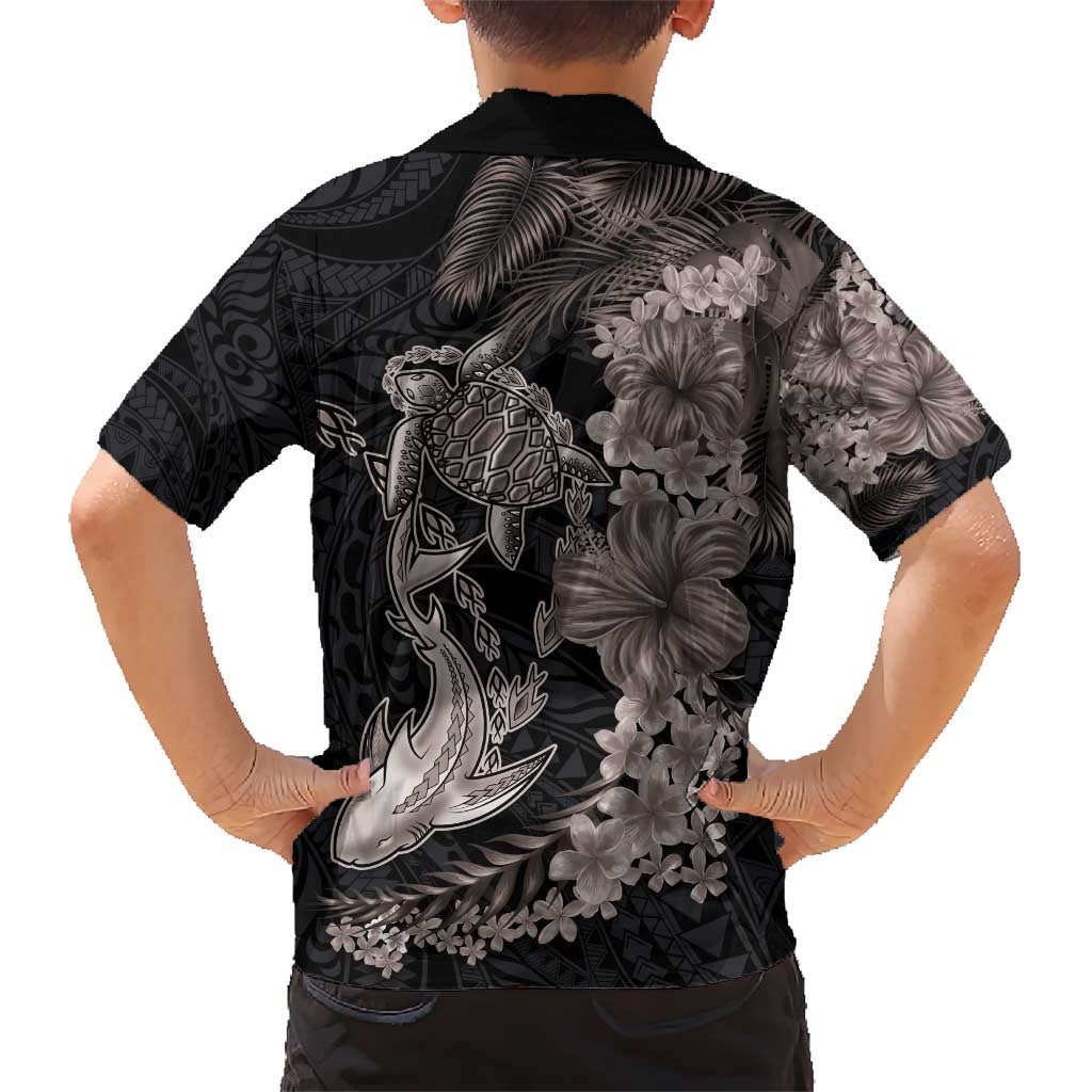 Hawaiian Tropical Plants Turtle and Shark Family Matching Short Sleeve Bodycon Dress and Hawaiian Shirt Polynesian Art Tattoo Grayscale Color LT03 - Polynesian Pride