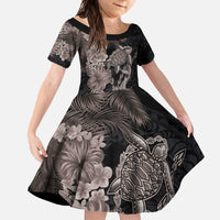 Hawaiian Tropical Plants Turtle and Shark Family Matching Short Sleeve Bodycon Dress and Hawaiian Shirt Polynesian Art Tattoo Grayscale Color LT03 Daughter's Dress Black - Polynesian Pride