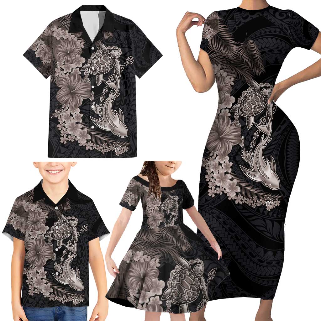 Hawaiian Tropical Plants Turtle and Shark Family Matching Short Sleeve Bodycon Dress and Hawaiian Shirt Polynesian Art Tattoo Grayscale Color LT03 - Polynesian Pride