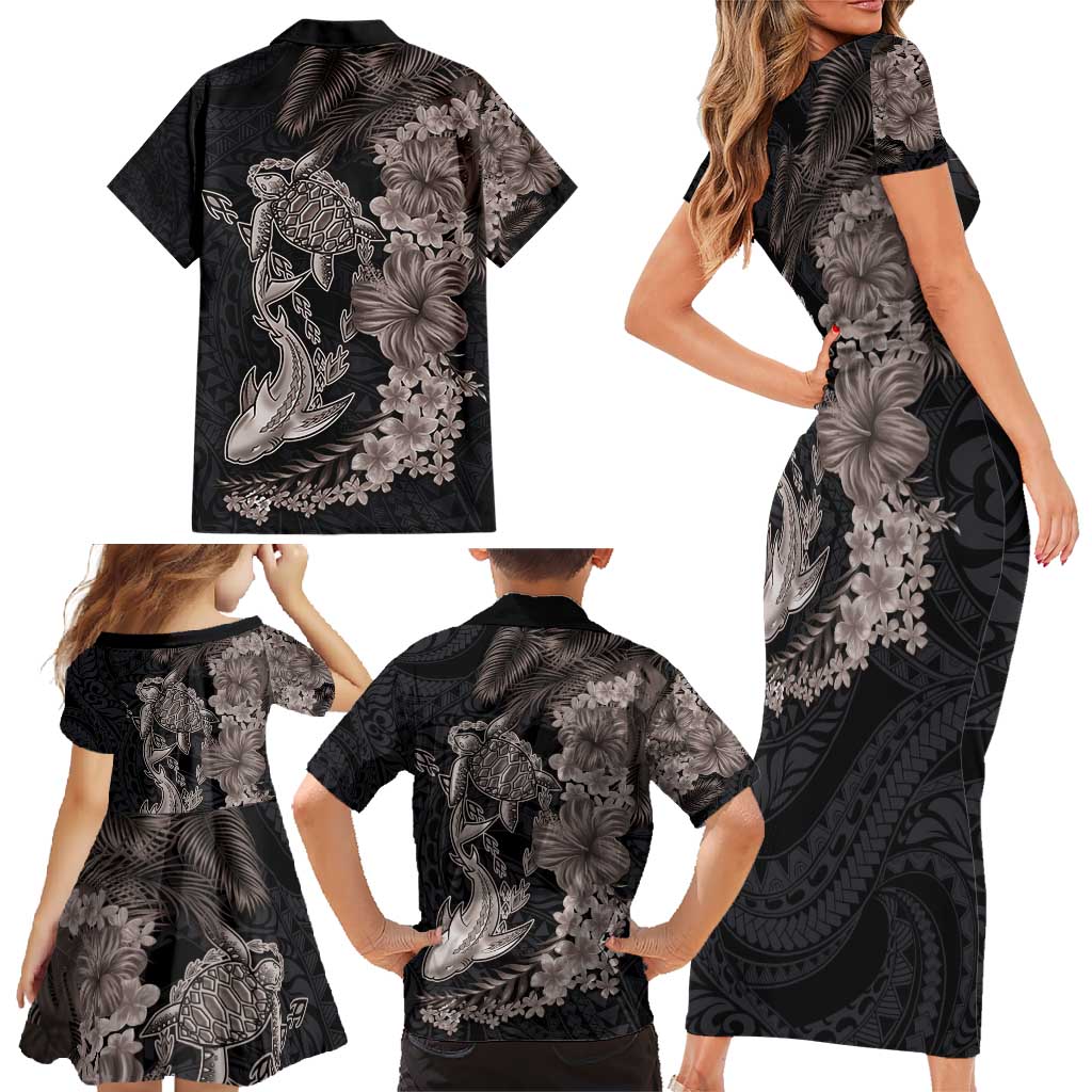Hawaiian Tropical Plants Turtle and Shark Family Matching Short Sleeve Bodycon Dress and Hawaiian Shirt Polynesian Art Tattoo Grayscale Color LT03 - Polynesian Pride