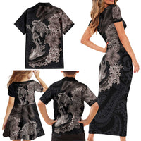 Hawaiian Tropical Plants Turtle and Shark Family Matching Short Sleeve Bodycon Dress and Hawaiian Shirt Polynesian Art Tattoo Grayscale Color LT03 - Polynesian Pride