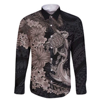 Hawaiian Tropical Plants Turtle and Shark Family Matching Short Sleeve Bodycon Dress and Hawaiian Shirt Polynesian Art Tattoo Grayscale Color LT03 Dad's Shirt - Long Sleeve Black - Polynesian Pride