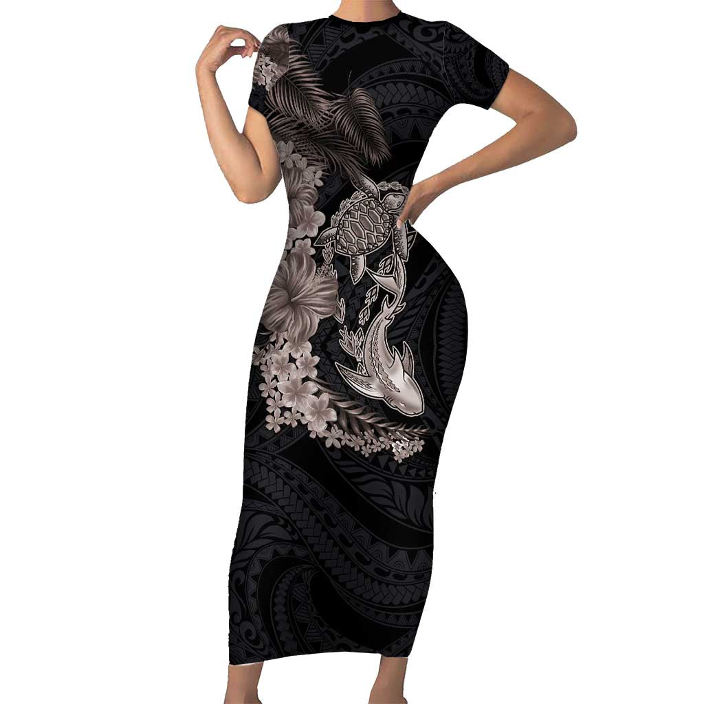 Hawaiian Tropical Plants Turtle and Shark Family Matching Short Sleeve Bodycon Dress and Hawaiian Shirt Polynesian Art Tattoo Grayscale Color LT03 Mom's Dress Black - Polynesian Pride