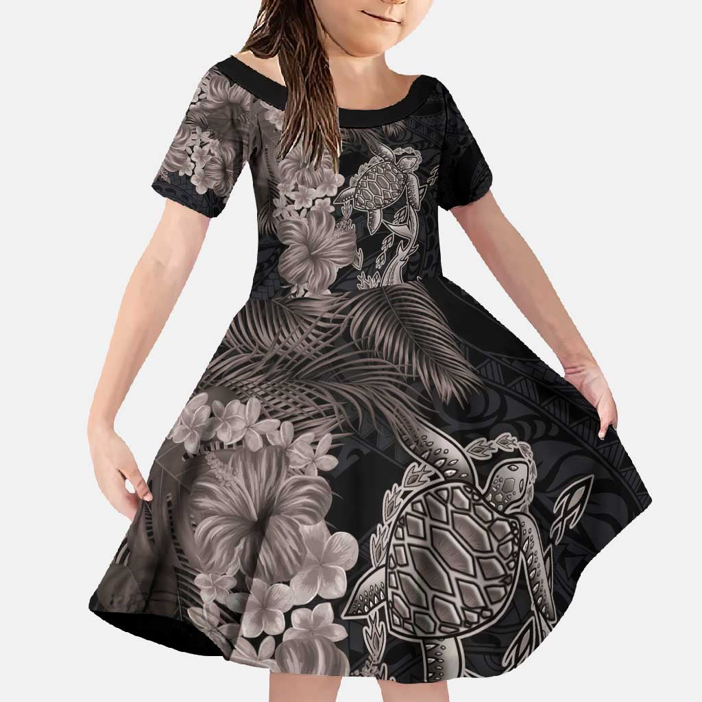 Hawaiian Tropical Plants Turtle and Shark Family Matching Summer Maxi Dress and Hawaiian Shirt Polynesian Art Tattoo Grayscale Color LT03 Daughter's Dress Black - Polynesian Pride