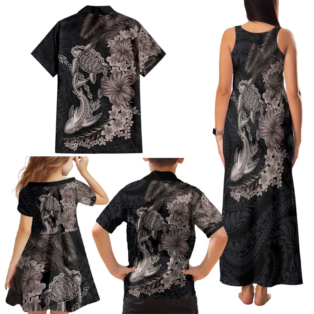 Hawaiian Tropical Plants Turtle and Shark Family Matching Tank Maxi Dress and Hawaiian Shirt Polynesian Art Tattoo Grayscale Color LT03 - Polynesian Pride