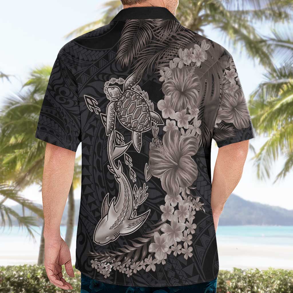 Hawaiian Tropical Plants Turtle and Shark Hawaiian Shirt Polynesian Art Tattoo Grayscale Color