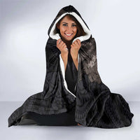 Hawaiian Tropical Plants Turtle and Shark Hooded Blanket Polynesian Art Tattoo Grayscale Color