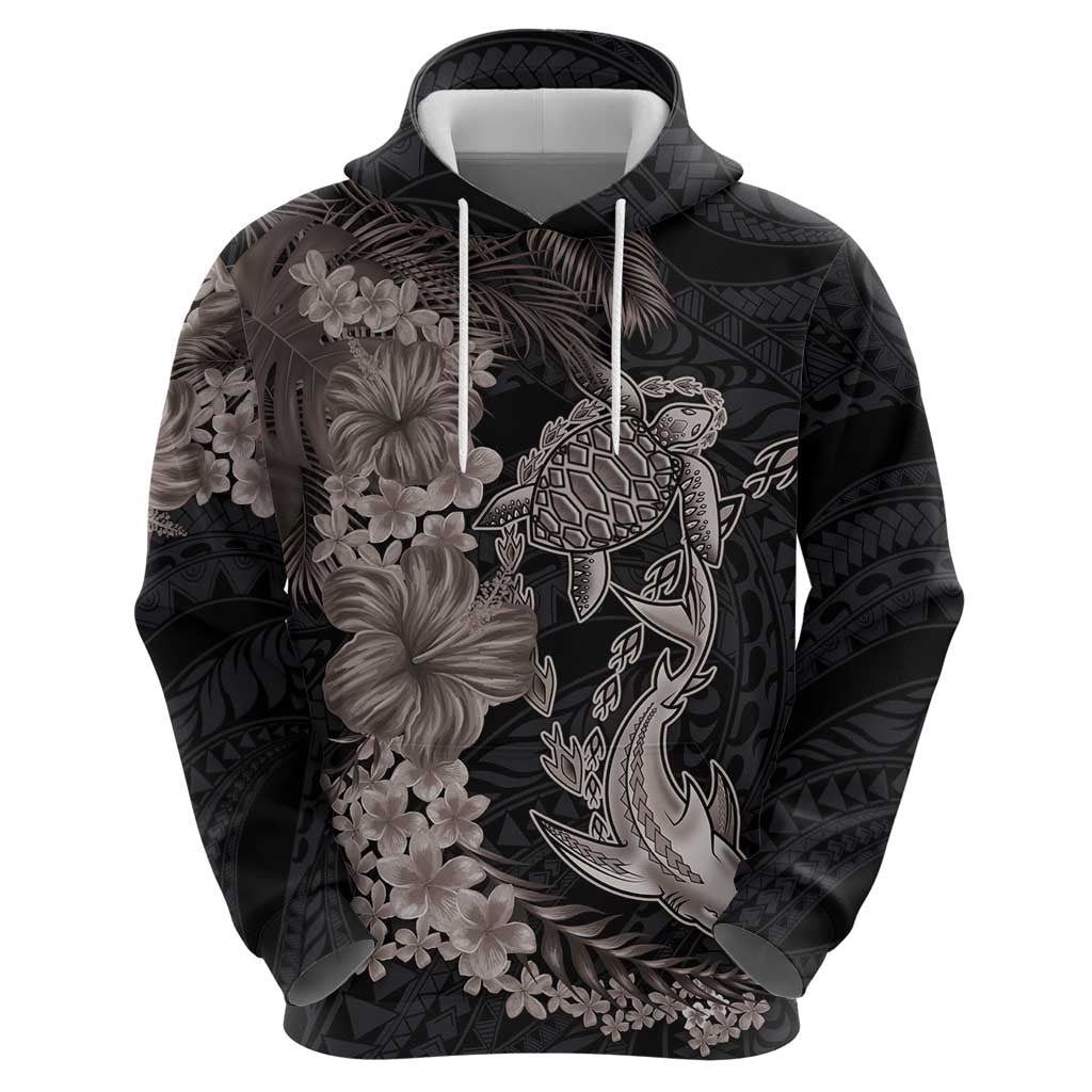 Hawaiian Tropical Plants Turtle and Shark Hoodie Polynesian Art Tattoo Grayscale Color