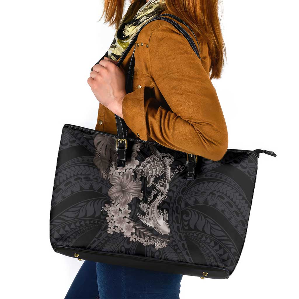 Hawaiian Tropical Plants Turtle and Shark Leather Tote Bag Polynesian Art Tattoo Grayscale Color