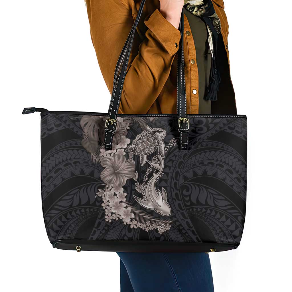 Hawaiian Tropical Plants Turtle and Shark Leather Tote Bag Polynesian Art Tattoo Grayscale Color