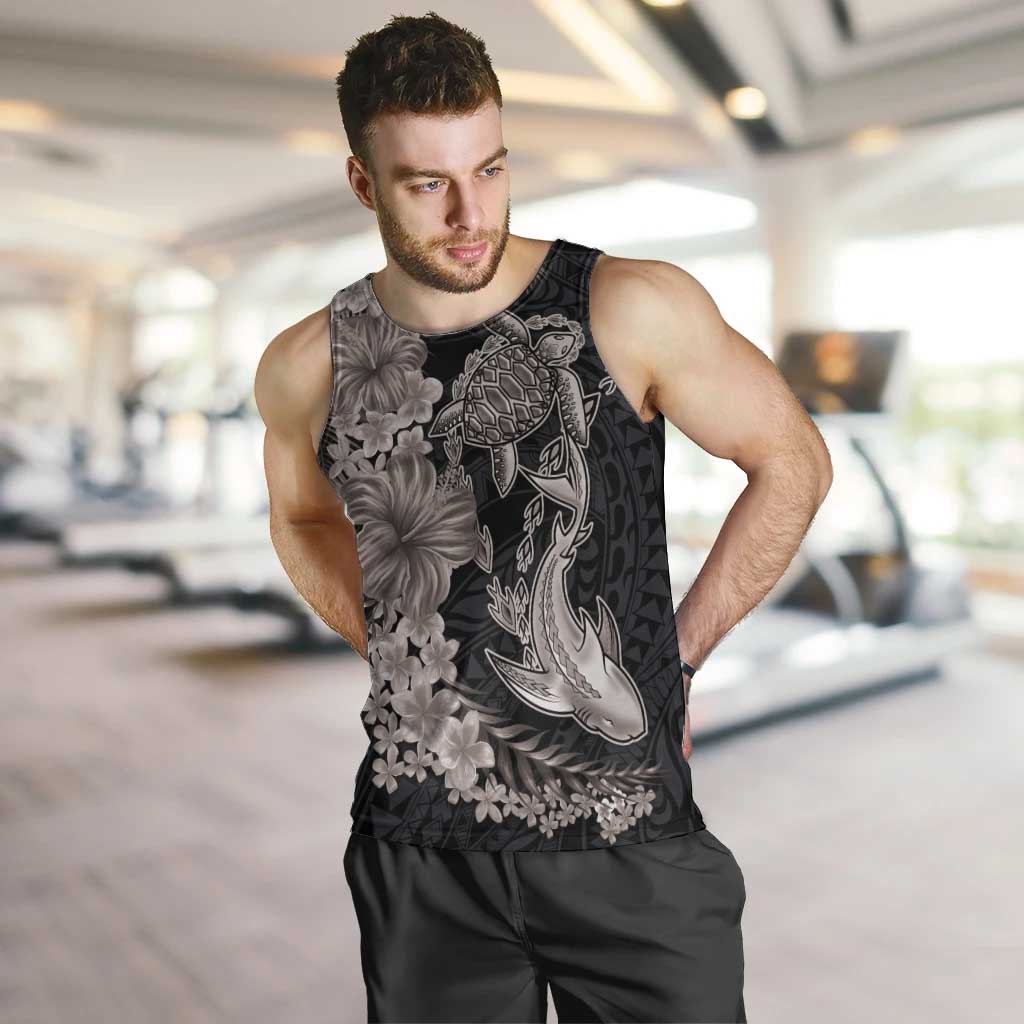Hawaiian Tropical Plants Turtle and Shark Men Tank Top Polynesian Art Tattoo Grayscale Color