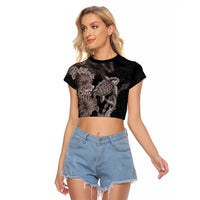 Hawaiian Tropical Plants Turtle and Shark Raglan Cropped T Shirt Polynesian Art Tattoo Grayscale Color