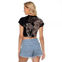 Hawaiian Tropical Plants Turtle and Shark Raglan Cropped T Shirt Polynesian Art Tattoo Grayscale Color