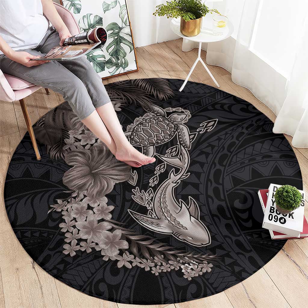 Hawaiian Tropical Plants Turtle and Shark Round Carpet Polynesian Art Tattoo Grayscale Color
