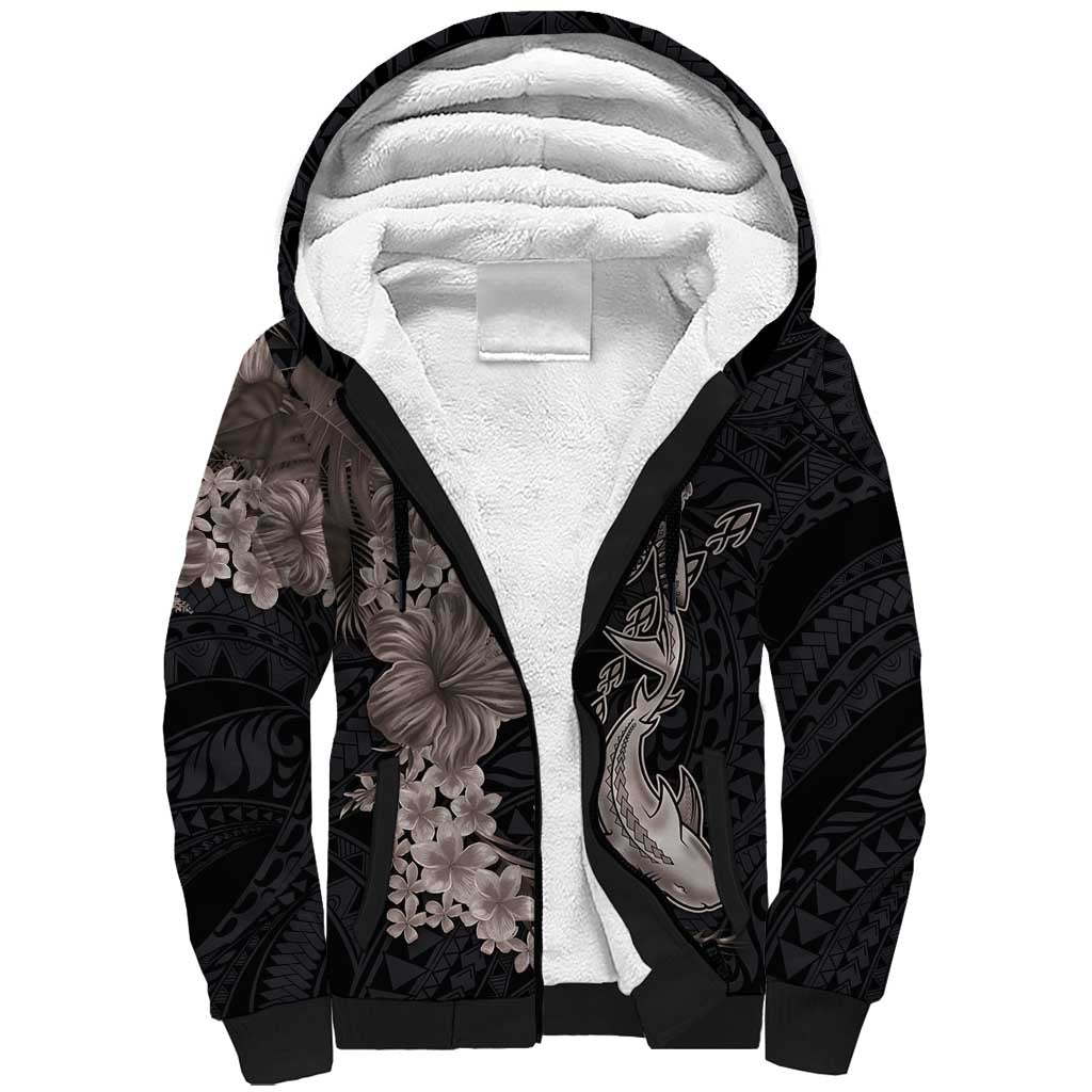 Hawaiian Tropical Plants Turtle and Shark Sherpa Hoodie Polynesian Art Tattoo Grayscale Color