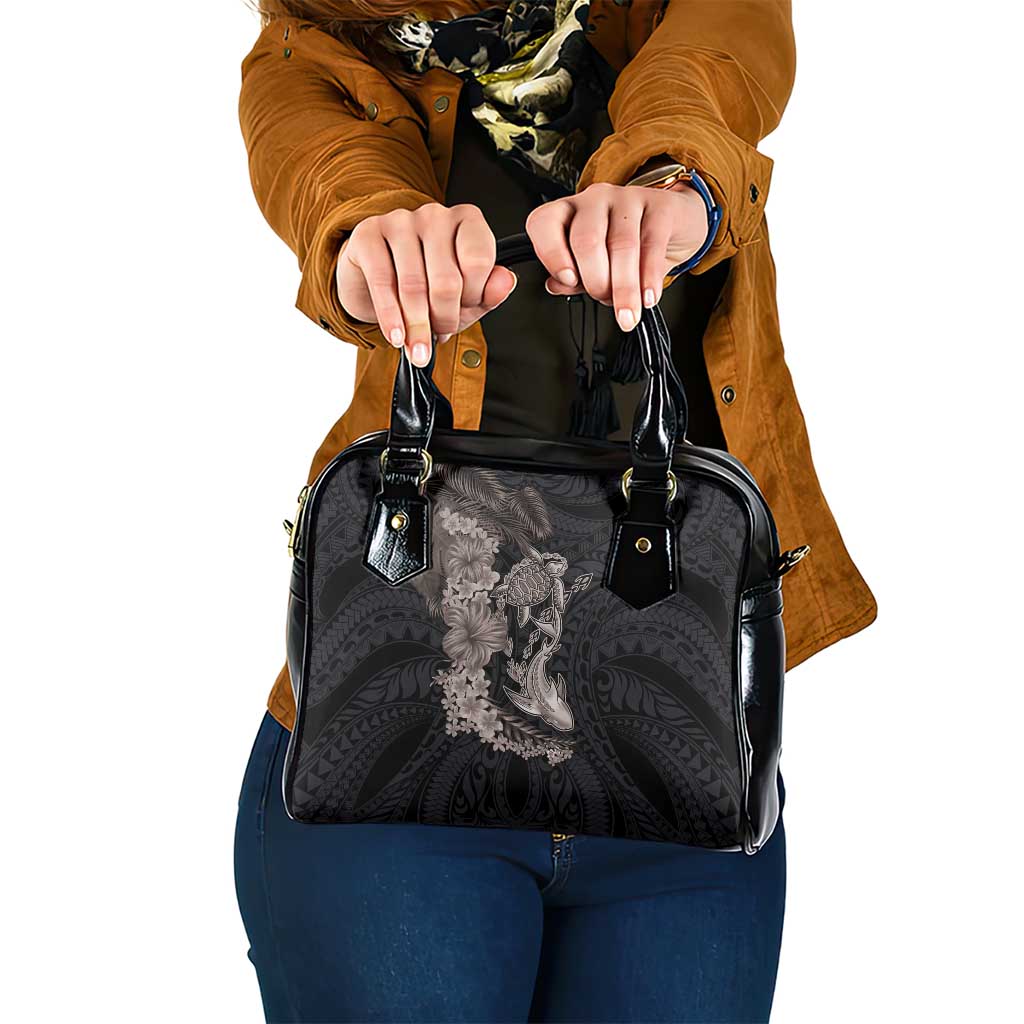 Hawaiian Tropical Plants Turtle and Shark Shoulder Handbag Polynesian Art Tattoo Grayscale Color