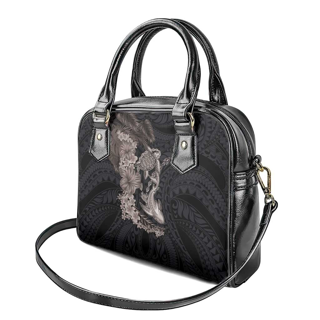 Hawaiian Tropical Plants Turtle and Shark Shoulder Handbag Polynesian Art Tattoo Grayscale Color
