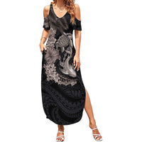 Hawaiian Tropical Plants Turtle and Shark Summer Maxi Dress Polynesian Art Tattoo Grayscale Color