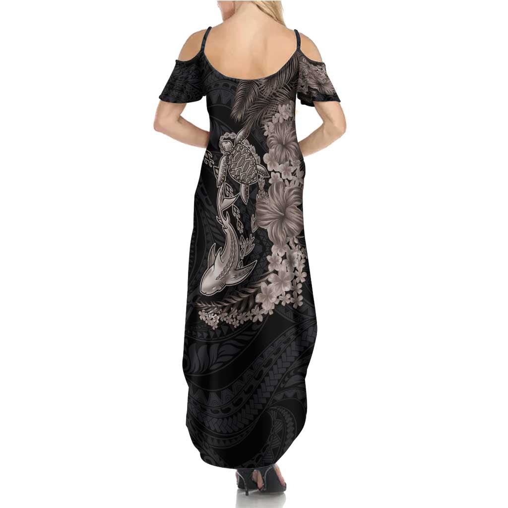 Hawaiian Tropical Plants Turtle and Shark Summer Maxi Dress Polynesian Art Tattoo Grayscale Color