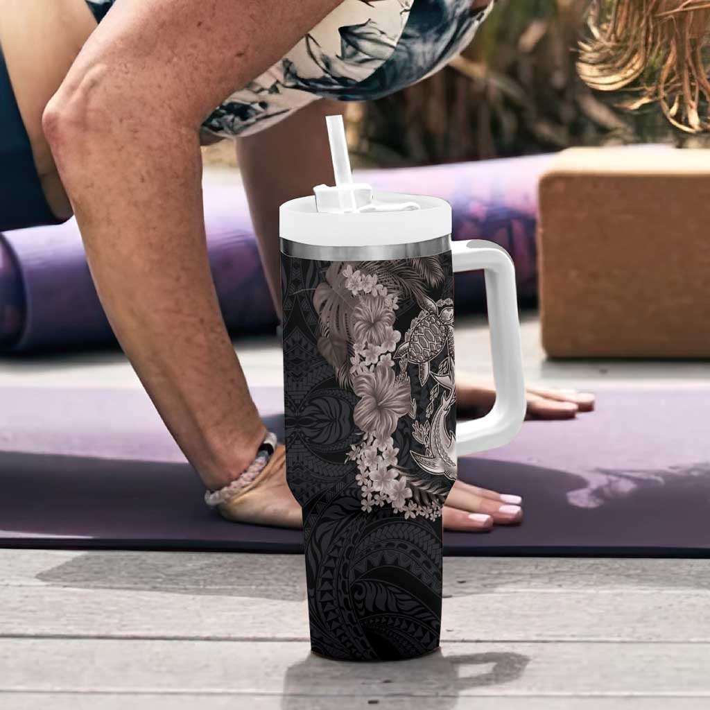 Hawaiian Tropical Plants Turtle and Shark Tumbler With Handle Polynesian Art Tattoo Grayscale Color