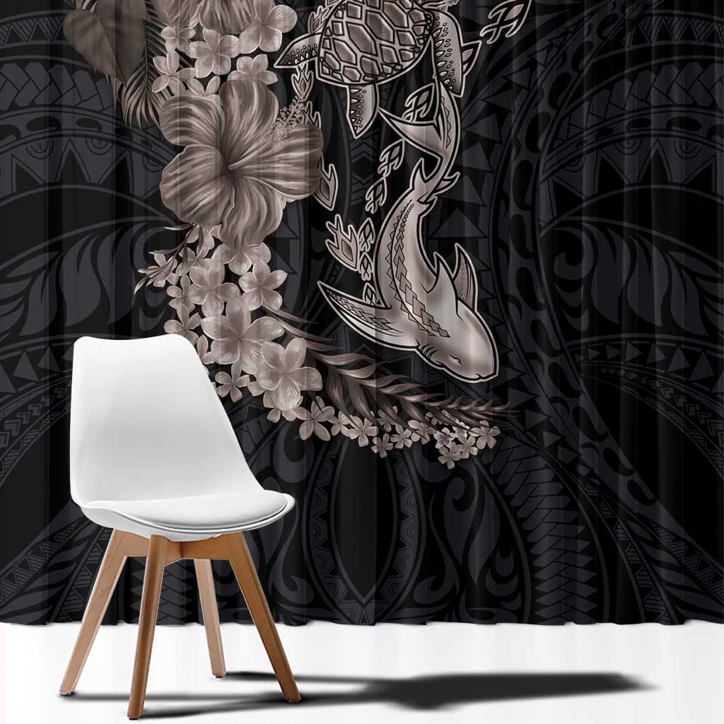 Hawaiian Tropical Plants Turtle and Shark Window Curtain Polynesian Art Tattoo Grayscale Color