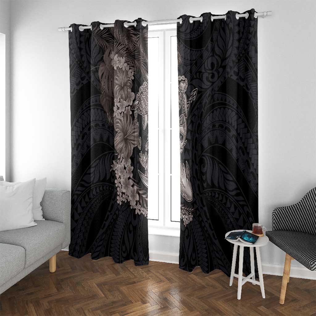 Hawaiian Tropical Plants Turtle and Shark Window Curtain Polynesian Art Tattoo Grayscale Color