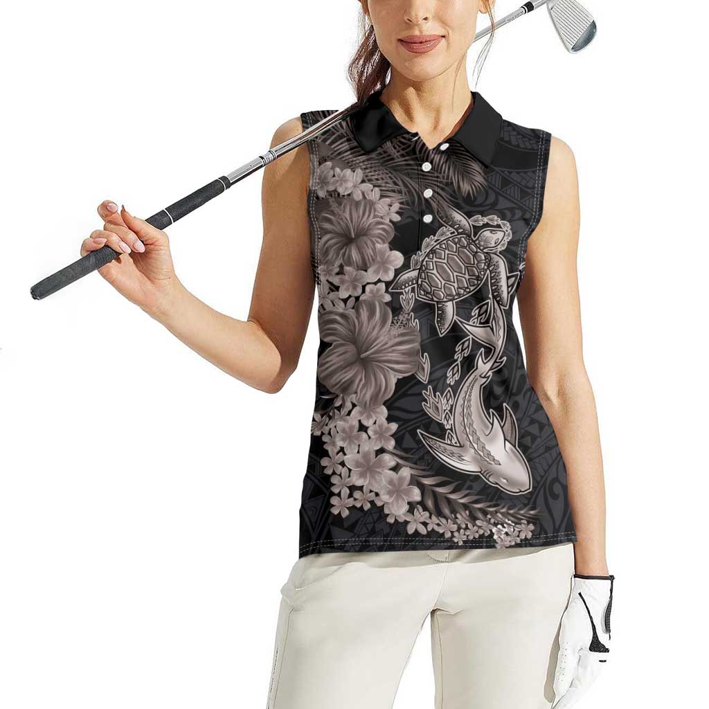 Hawaiian Tropical Plants Turtle and Shark Women Sleeveless Polo Shirt Polynesian Art Tattoo Grayscale Color