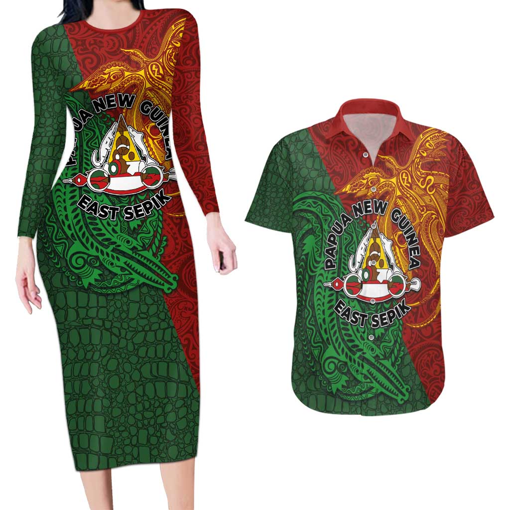Papua New Guinea East Sepik Province Couples Matching Long Sleeve Bodycon Dress and Hawaiian Shirt Tribal Crocodile Birds of Paradise Melanesian Tattoo LT03 Green - Polynesian Pride