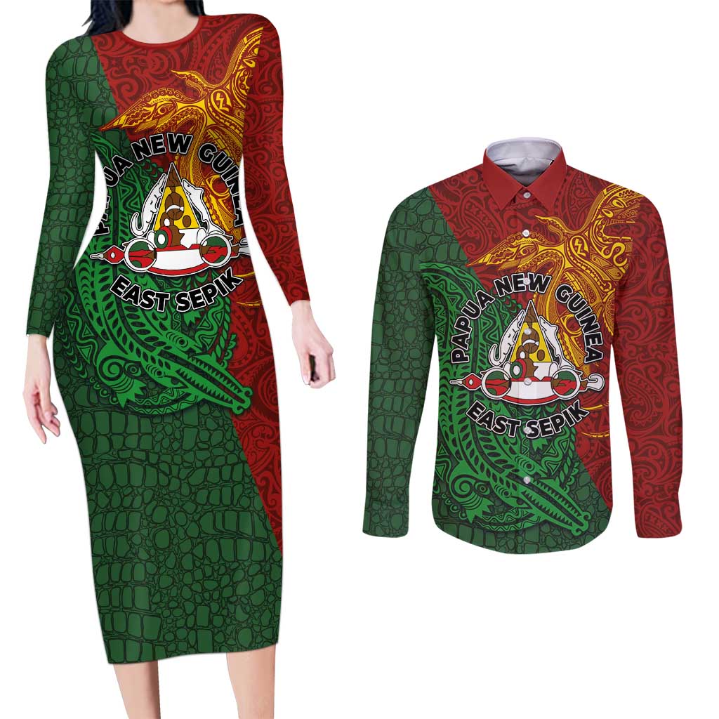 Papua New Guinea East Sepik Province Couples Matching Long Sleeve Bodycon Dress and Long Sleeve Button Shirt Tribal Crocodile Birds of Paradise Melanesian Tattoo LT03 Green - Polynesian Pride