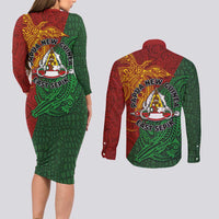 Papua New Guinea East Sepik Province Couples Matching Long Sleeve Bodycon Dress and Long Sleeve Button Shirt Tribal Crocodile Birds of Paradise Melanesian Tattoo LT03 - Polynesian Pride