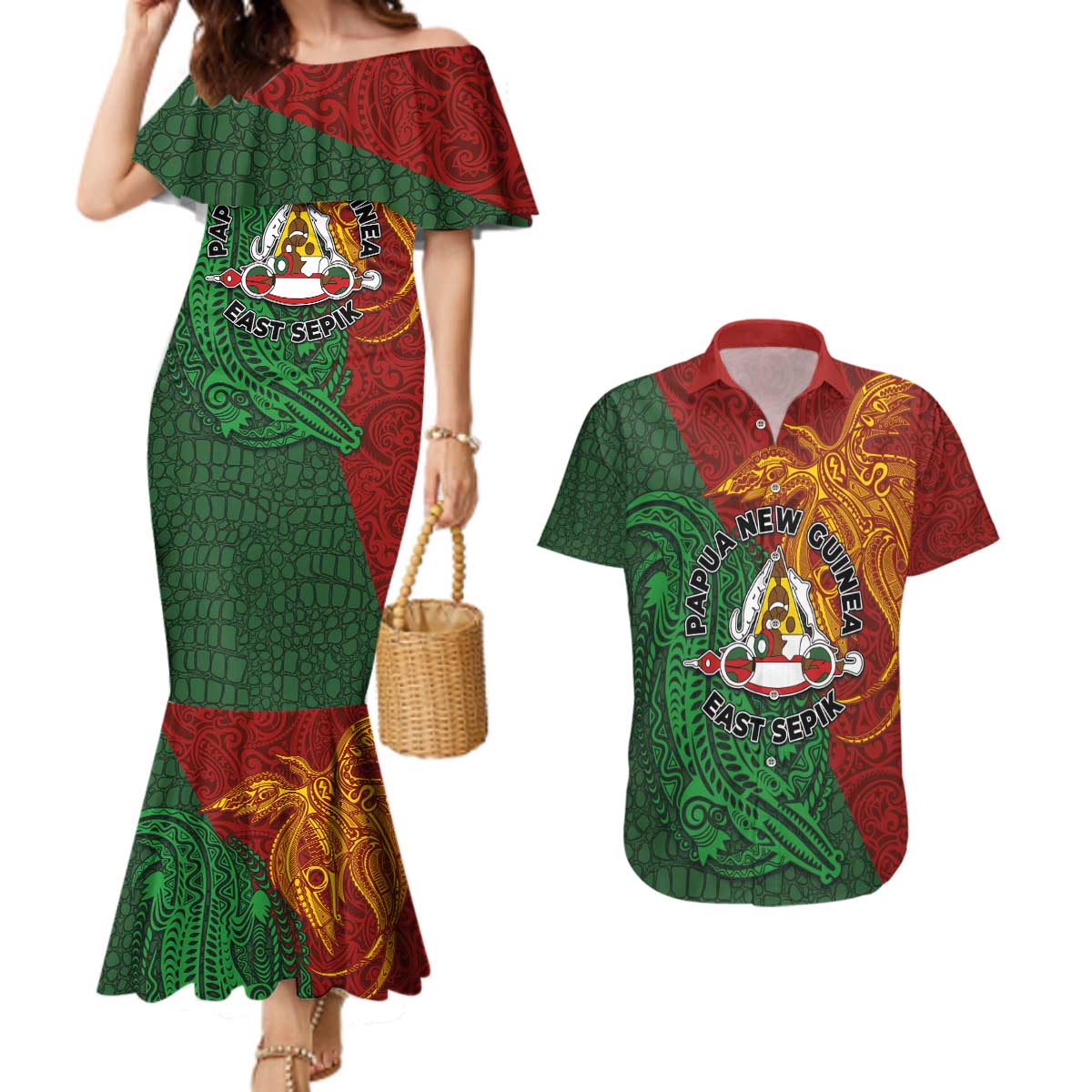 Papua New Guinea East Sepik Province Couples Matching Mermaid Dress and Hawaiian Shirt Tribal Crocodile Birds of Paradise Melanesian Tattoo
