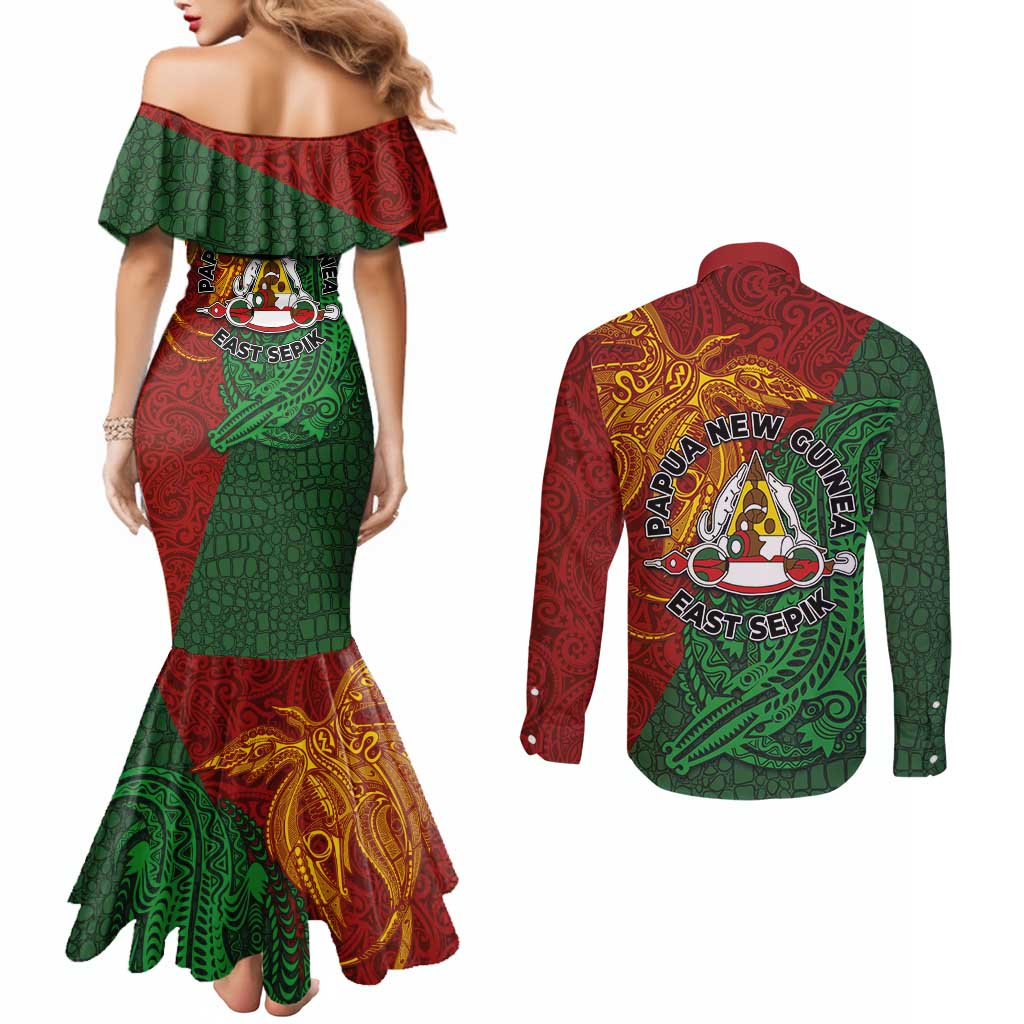 Papua New Guinea East Sepik Province Couples Matching Mermaid Dress and Long Sleeve Button Shirt Tribal Crocodile Birds of Paradise Melanesian Tattoo LT03 - Polynesian Pride