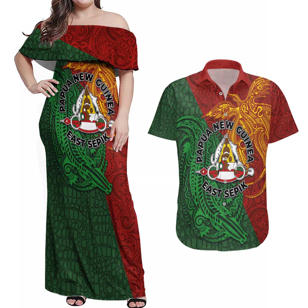 Papua New Guinea East Sepik Province Couples Matching Off Shoulder Maxi Dress and Hawaiian Shirt Tribal Crocodile Birds of Paradise Melanesian Tattoo LT03 Green - Polynesian Pride