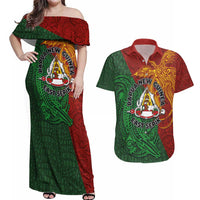 Papua New Guinea East Sepik Province Couples Matching Off Shoulder Maxi Dress and Hawaiian Shirt Tribal Crocodile Birds of Paradise Melanesian Tattoo LT03 Green - Polynesian Pride
