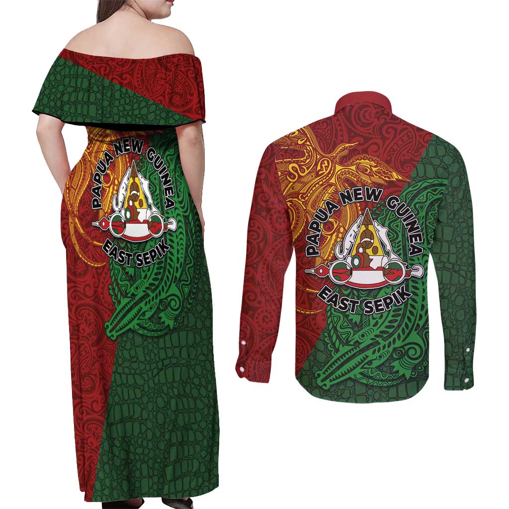 Papua New Guinea East Sepik Province Couples Matching Off Shoulder Maxi Dress and Long Sleeve Button Shirt Tribal Crocodile Birds of Paradise Melanesian Tattoo LT03 - Polynesian Pride