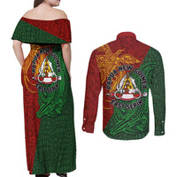 Papua New Guinea East Sepik Province Couples Matching Off Shoulder Maxi Dress and Long Sleeve Button Shirt Tribal Crocodile Birds of Paradise Melanesian Tattoo LT03 - Polynesian Pride