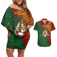 Papua New Guinea East Sepik Province Couples Matching Off Shoulder Short Dress and Hawaiian Shirt Tribal Crocodile Birds of Paradise Melanesian Tattoo LT03 Green - Polynesian Pride