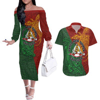 Papua New Guinea East Sepik Province Couples Matching Off The Shoulder Long Sleeve Dress and Hawaiian Shirt Tribal Crocodile Birds of Paradise Melanesian Tattoo LT03 Green - Polynesian Pride