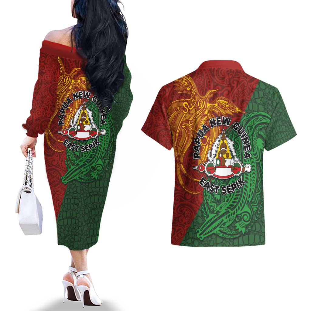 Papua New Guinea East Sepik Province Couples Matching Off The Shoulder Long Sleeve Dress and Hawaiian Shirt Tribal Crocodile Birds of Paradise Melanesian Tattoo LT03 - Polynesian Pride