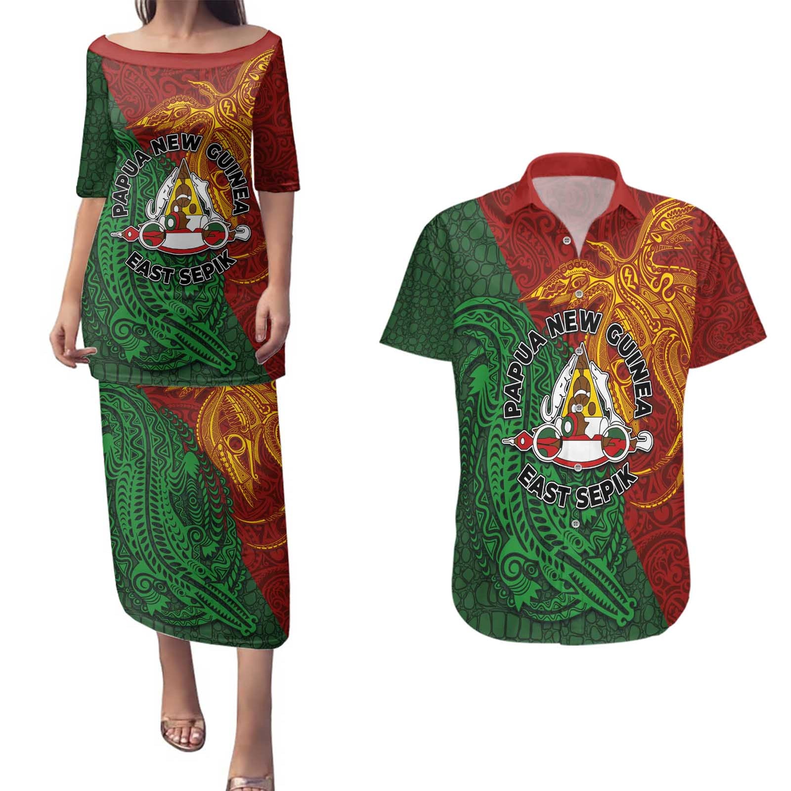 Papua New Guinea East Sepik Province Couples Matching Puletasi and Hawaiian Shirt Tribal Crocodile Birds of Paradise Melanesian Tattoo