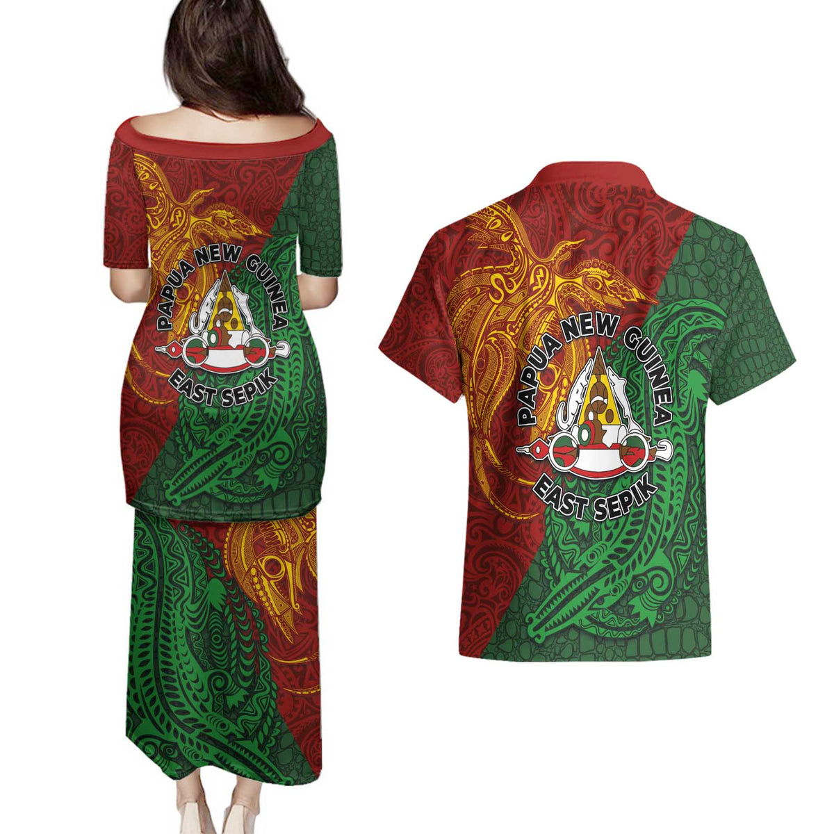 Papua New Guinea East Sepik Province Couples Matching Puletasi and Hawaiian Shirt Tribal Crocodile Birds of Paradise Melanesian Tattoo LT03 - Polynesian Pride