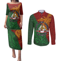 Papua New Guinea East Sepik Province Couples Matching Puletasi and Long Sleeve Button Shirt Tribal Crocodile Birds of Paradise Melanesian Tattoo LT03 Green - Polynesian Pride