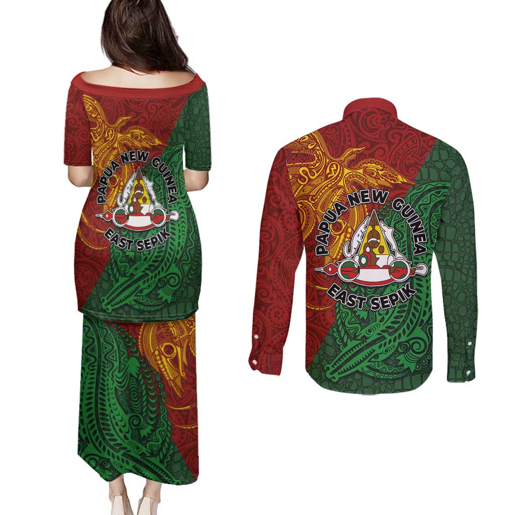Papua New Guinea East Sepik Province Couples Matching Puletasi and Long Sleeve Button Shirt Tribal Crocodile Birds of Paradise Melanesian Tattoo LT03 - Polynesian Pride