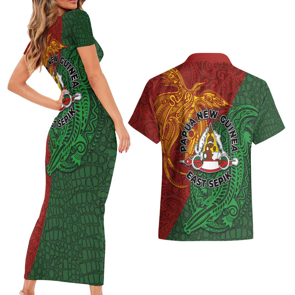 Papua New Guinea East Sepik Province Couples Matching Short Sleeve Bodycon Dress and Hawaiian Shirt Tribal Crocodile Birds of Paradise Melanesian Tattoo LT03 - Polynesian Pride