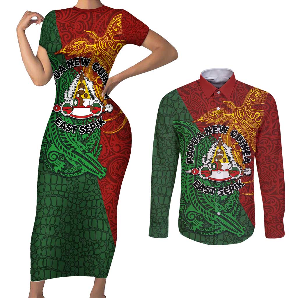 Papua New Guinea East Sepik Province Couples Matching Short Sleeve Bodycon Dress and Long Sleeve Button Shirt Tribal Crocodile Birds of Paradise Melanesian Tattoo LT03 Green - Polynesian Pride