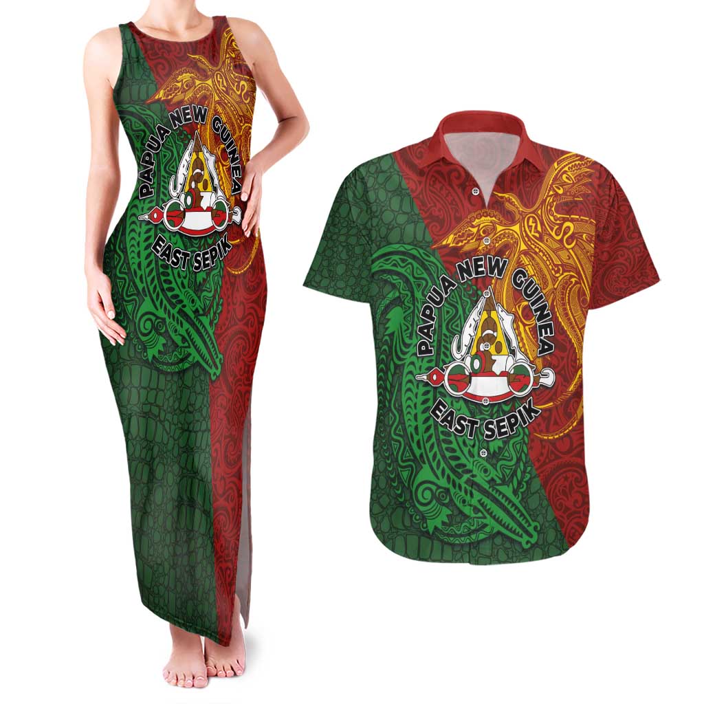 Papua New Guinea East Sepik Province Couples Matching Tank Maxi Dress and Hawaiian Shirt Tribal Crocodile Birds of Paradise Melanesian Tattoo