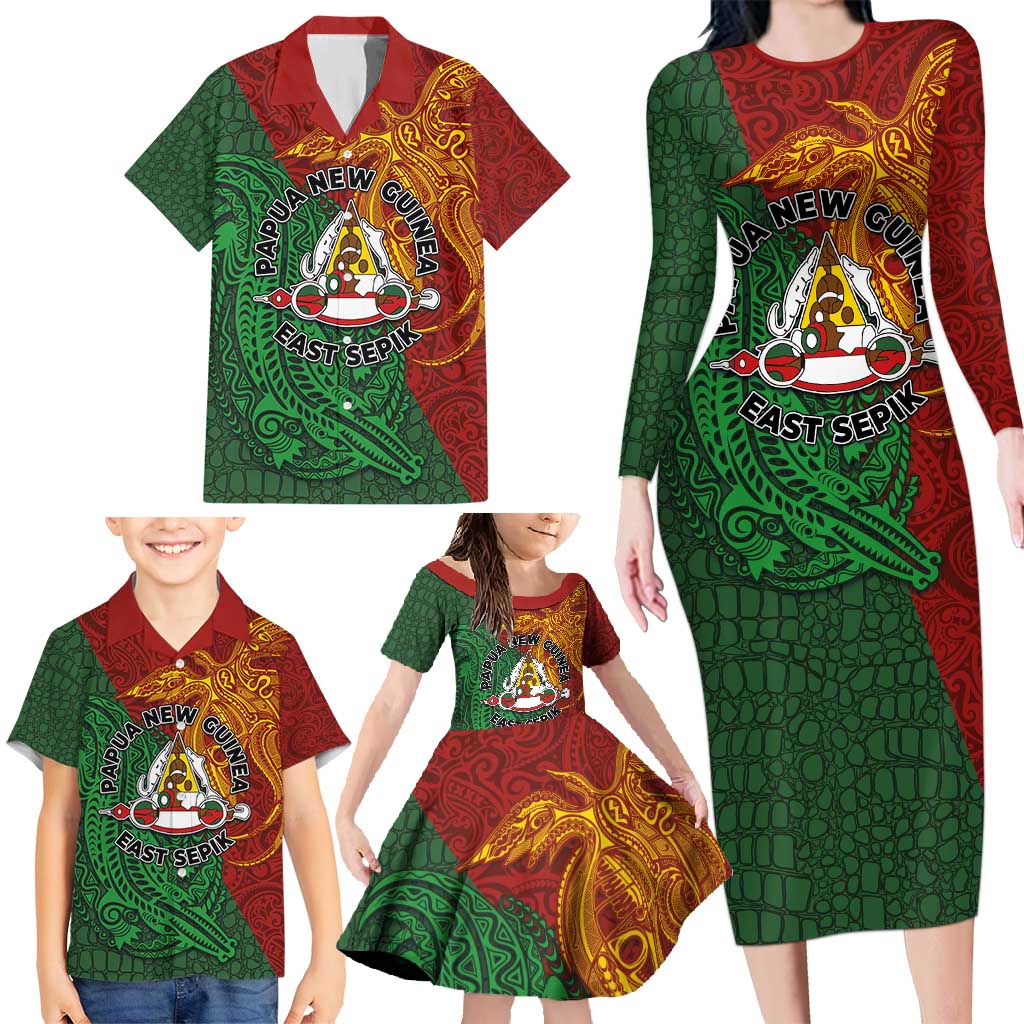 Papua New Guinea East Sepik Province Family Matching Long Sleeve Bodycon Dress and Hawaiian Shirt Tribal Crocodile Birds of Paradise Melanesian Tattoo LT03 - Polynesian Pride