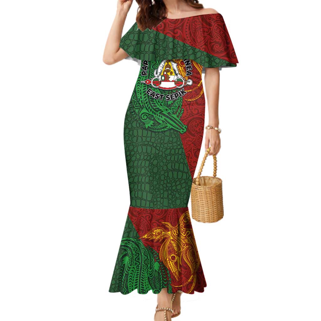 Papua New Guinea East Sepik Province Family Matching Mermaid Dress and Hawaiian Shirt Tribal Crocodile Birds of Paradise Melanesian Tattoo LT03 Mom's Dress Green - Polynesian Pride