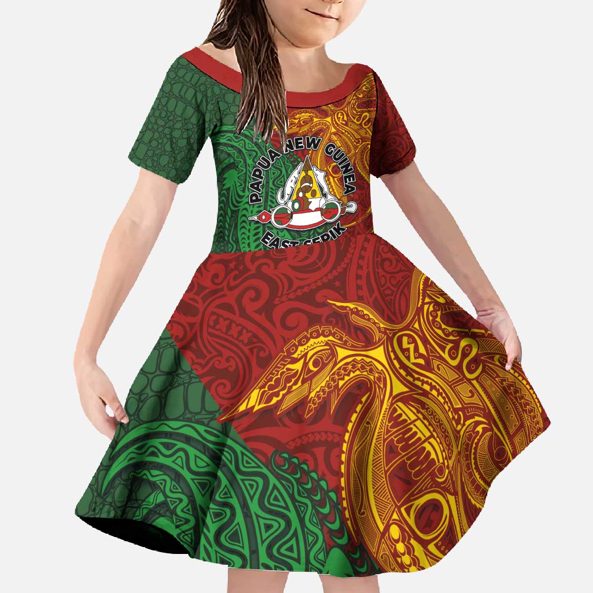 Papua New Guinea East Sepik Province Family Matching Off The Shoulder Long Sleeve Dress and Hawaiian Shirt Tribal Crocodile Birds of Paradise Melanesian Tattoo LT03 Daughter's Dress Green - Polynesian Pride